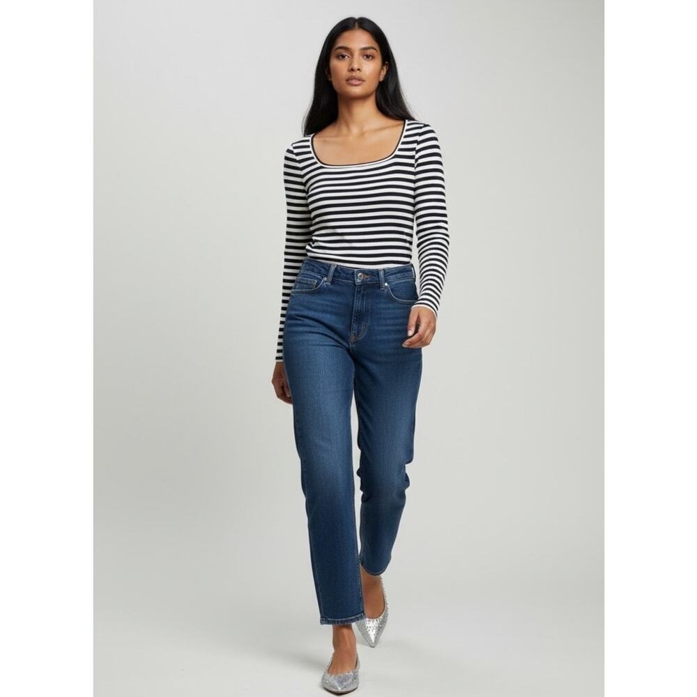 J.Crew Ribbed Square Neck Tee Shirt Top Size L Navy White Stripe Preppy Classic